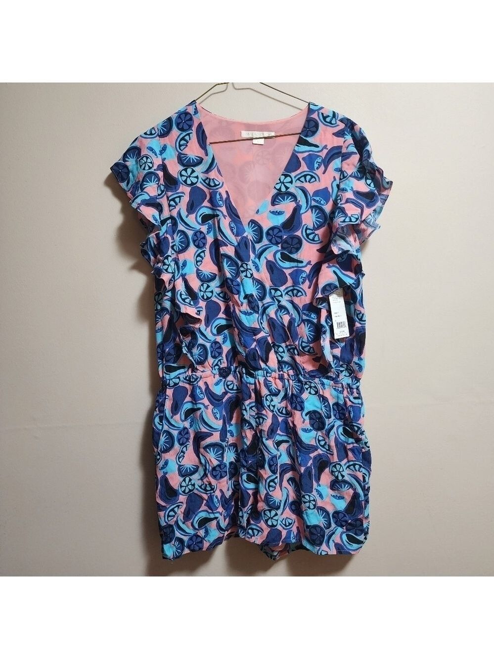 Cooper & ella fruit print,ruffle cross boby romper color coral & blue size large
